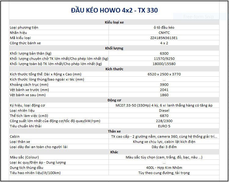 Thông số kỹ thuật xe đầu kéo TX 330HP